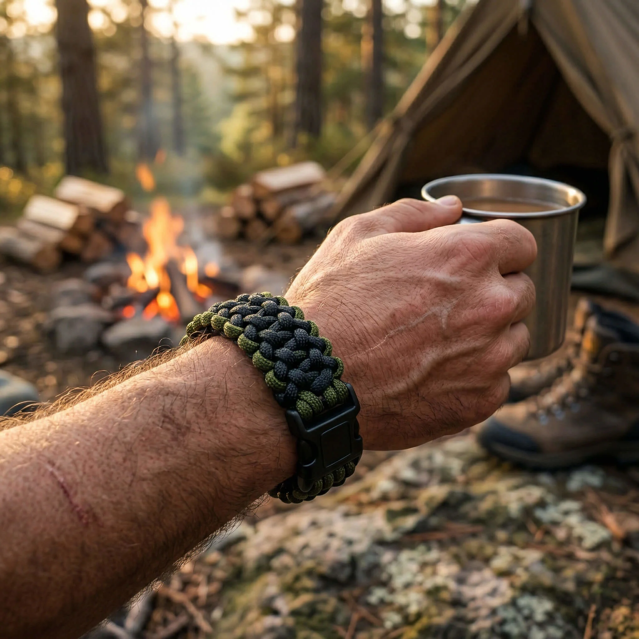 Paracord Survival Bileklik Siyah Haki Outdoor Kamp Bilekliği 