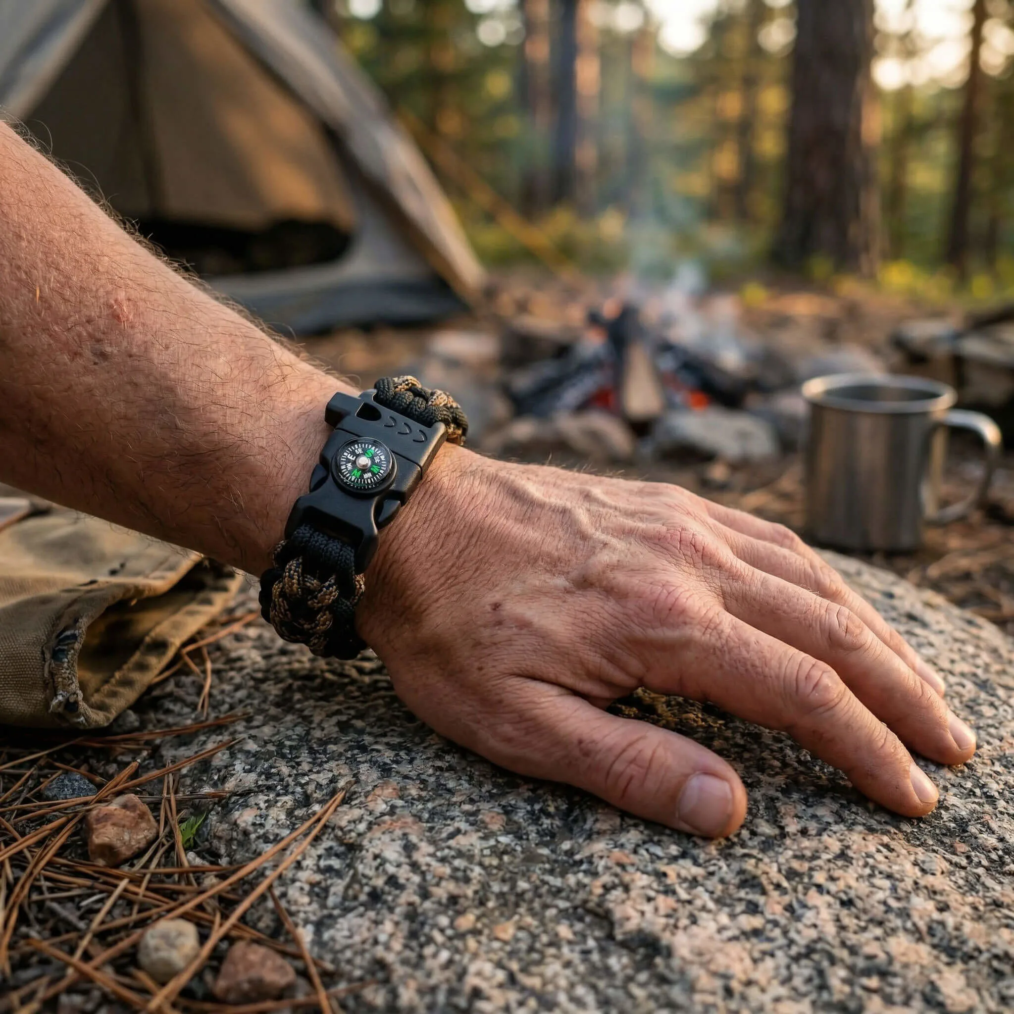 Paracord Bileklik Pusulalı Düdüklü Ateş Başlatıcılı Kahverengi Kamuflaj 
