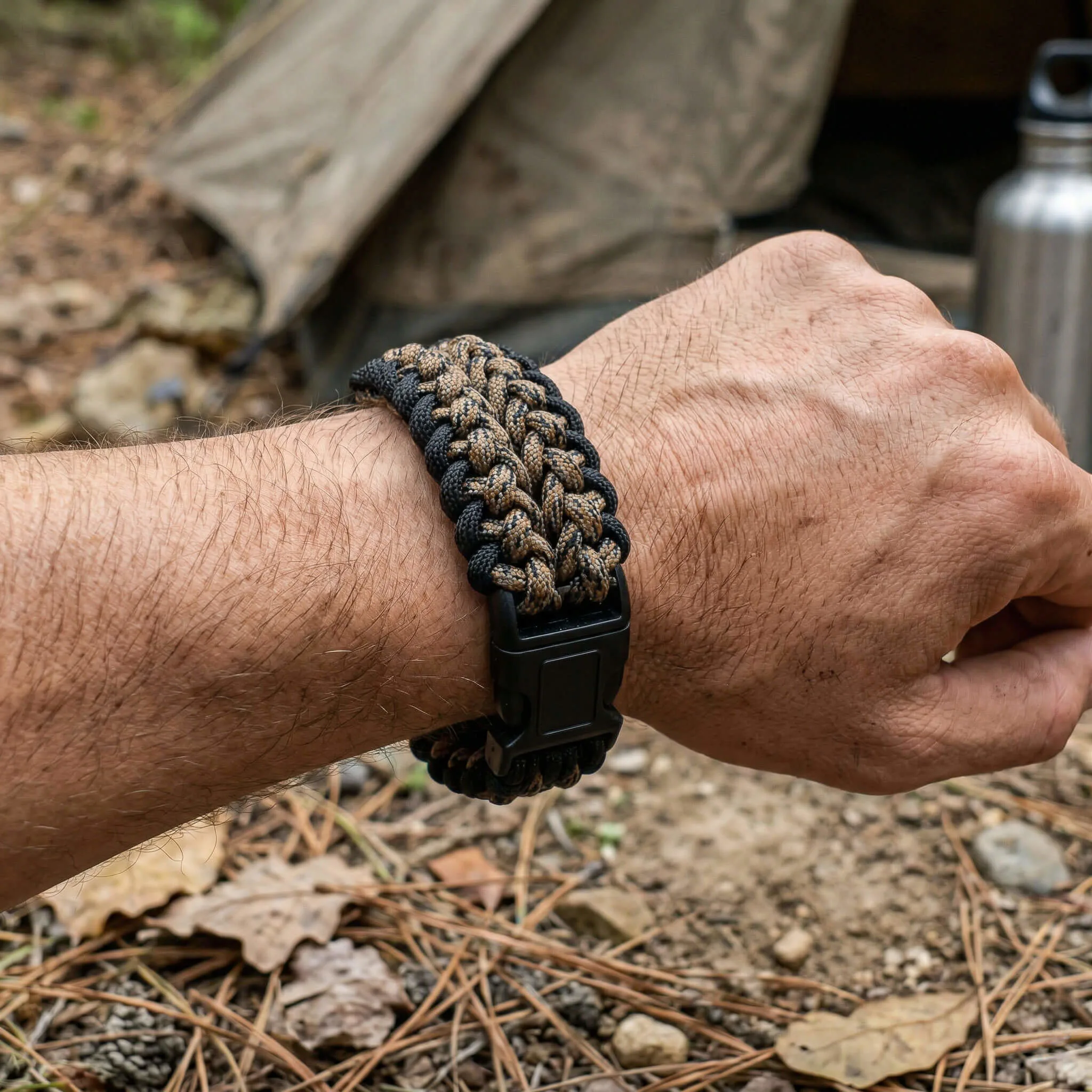 Geniş Örgü Paracord Survival Siyah Kahverengi Kamuflaj Bileklik 